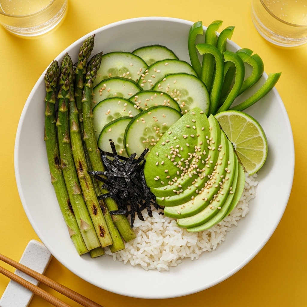 The image shows a white bowl filled with layers of fresh food on a white marbled surface. The bottom layer is white rice, topped on the right side by green roasted asparagus spears. Thin, dark green seaweed sheets are placed next to the asparagus. To the left of the seaweed, there are thin cucumber slices fanned out in a semi-circle. Above these slices, a half avocado sliced into thin, even pieces is arranged in a fan shape. On the far left, green bell pepper strips stand vertically, and a small lime wedge is placed in the center front. The whole bowl is sprinkled lightly with sesame seeds and black pepper. The scene includes a pair of chopsticks resting on the bowl's edge and parts of other similar bowls and glasses in the background. Photo taken with an iphone --ar 4:5 --v 7