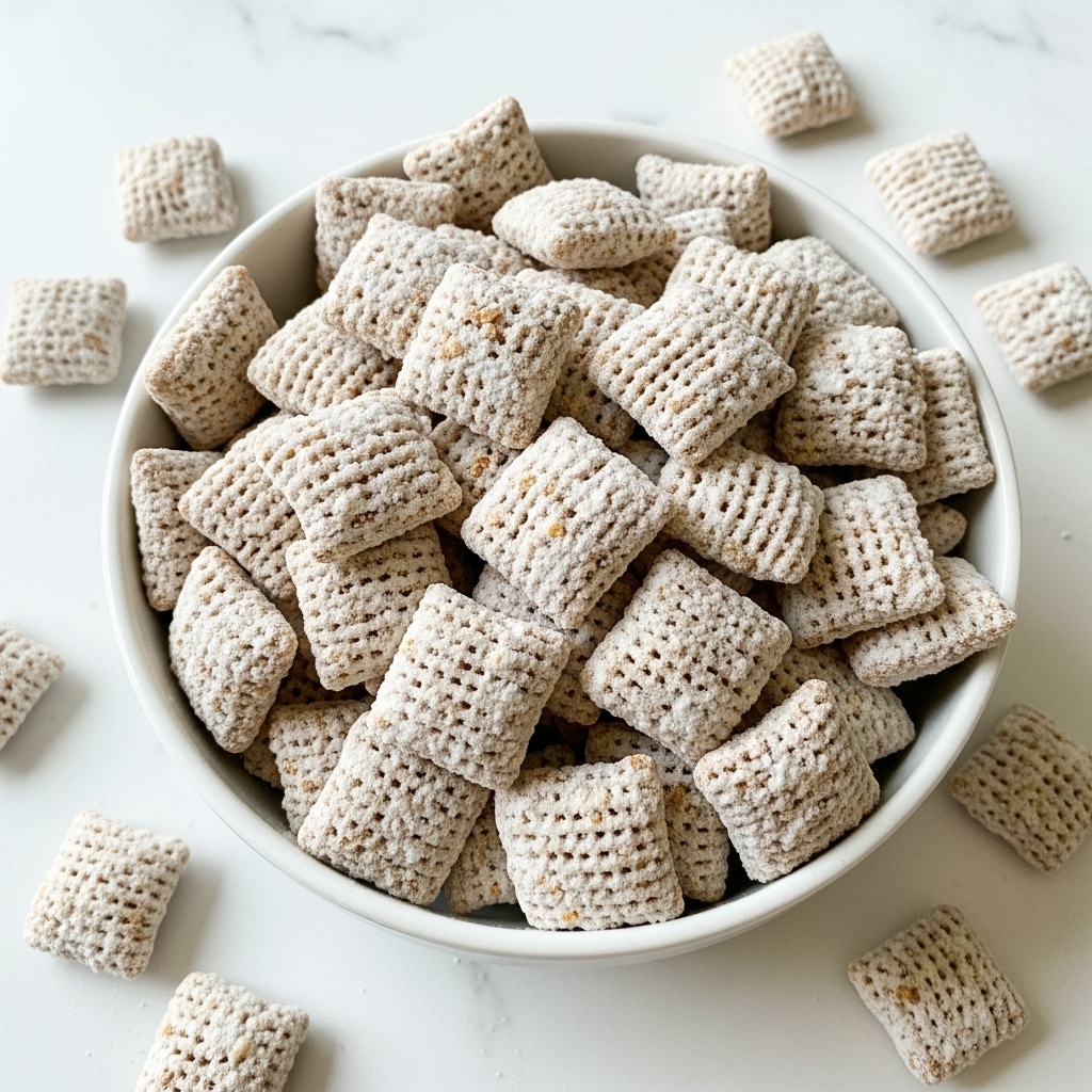A white bowl filled with many small square cereal pieces covered in a white powdery coating, piled high and looking crunchy. Some cereal squares are scattered around the bowl on a white marbled surface. The cereal has a textured, slightly rough surface with a mix of light and darker brown shades beneath the white coating. photo taken with an iphone --ar 4:5 --v 7