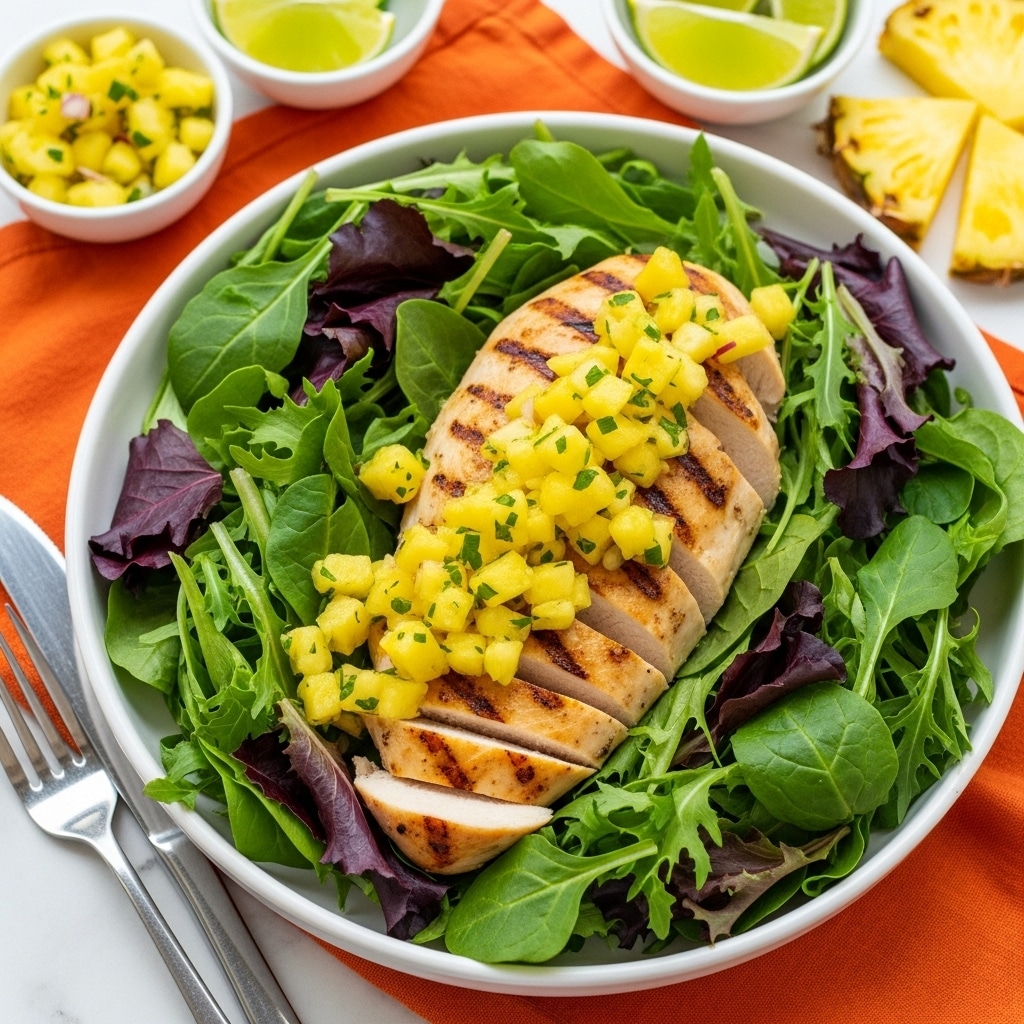 A round white plate holds a fresh salad with three main layers: the bottom layer is a mix of green and purple leafy lettuce, rough and ruffled in texture; on top sits a grilled chicken breast, light golden with slight char marks, sliced thinly but kept together in the original shape; the final layer is a chunky pineapple salsa with bright yellow cubes mixed with finely chopped green herbs, scattered generously over the chicken. The plate is placed on a white marbled surface with an orange cloth underneath, and near it are some lime wedges and a knife and fork set. photo taken with an iphone --ar 4:5 --v 7