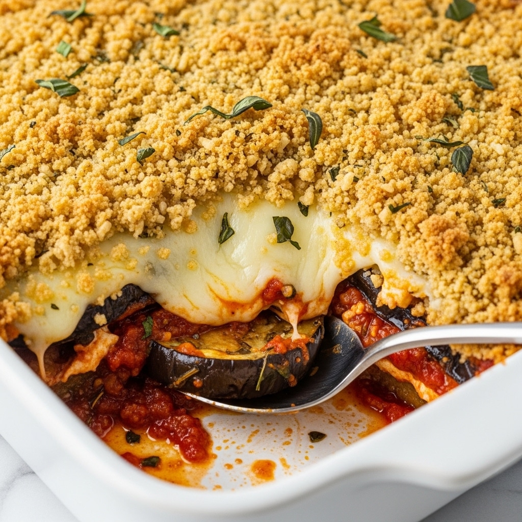 This image shows a baked dish in a white rectangular baking tray with multiple visible layers. The top layer is a golden brown crumbly breadcrumb crust mixed with finely chopped herbs and a few fresh small green basil leaves scattered on top. Below that, there seems to be a melted cheese layer that is creamy white and slightly browned at the edges. Under the cheese, there is a rich tomato sauce with deep red chunks and some darker roasted pieces which look like slices of eggplant. A silver spoon is scooping out a portion, showing these layers clearly. The tray is placed on a white marbled surface with a light blue and white striped cloth beside it. photo taken with an iphone --ar 4:5 --v 7