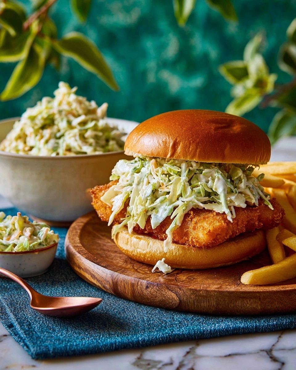 A crispy fried chicken sandwich with three visible layers: a shiny golden brown top bun, a thick golden crispy fried chicken fillet in the middle, and a bottom bun with a light toast color; on top of the chicken is a layer of creamy shredded coleslaw with green and white pieces that looks fresh and slightly wet. The sandwich sits on a wooden board with golden French fries scattered behind it. To the left, there is a white bowl filled with more creamy shredded coleslaw and a copper spoon nearby with some coleslaw on it. The background shows some green leafy plants and teal pottery on a white marbled surface. photo taken with an iphone --ar 4:5 --v 7