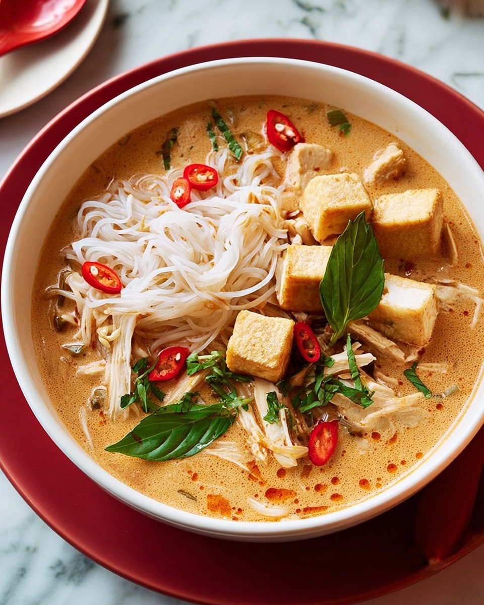 A white bowl filled with a creamy light brown broth, topped with three golden brown fried tofu cubes stacked near the center. Underneath and around the tofu is a nest of thin white rice noodles mixed with bean sprouts, scattered with shredded pieces of white chicken. Bright green basil leaves and cilantro leaves rest on top, along with thin slices of red chili peppers adding a pop of color, all sitting on a white marbled surface. A large red spoon lies next to the bowl. photo taken with an iphone --ar 4:5 --v 7