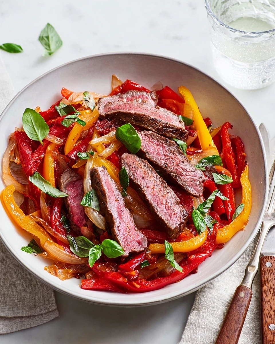 A white bowl filled with a base layer of cooked red and yellow bell pepper strips and thin slices of onion, mixed with a light sauce that gives a shiny texture, topped with five thick slices of grilled steak cooked medium rare showing pink centers with grilled marks, scattered fresh green basil leaves on top, all placed on a white marbled surface with a fork and knife to the left and a glass of water to the right, soft natural light. photo taken with an iphone --ar 4:5 --v 7