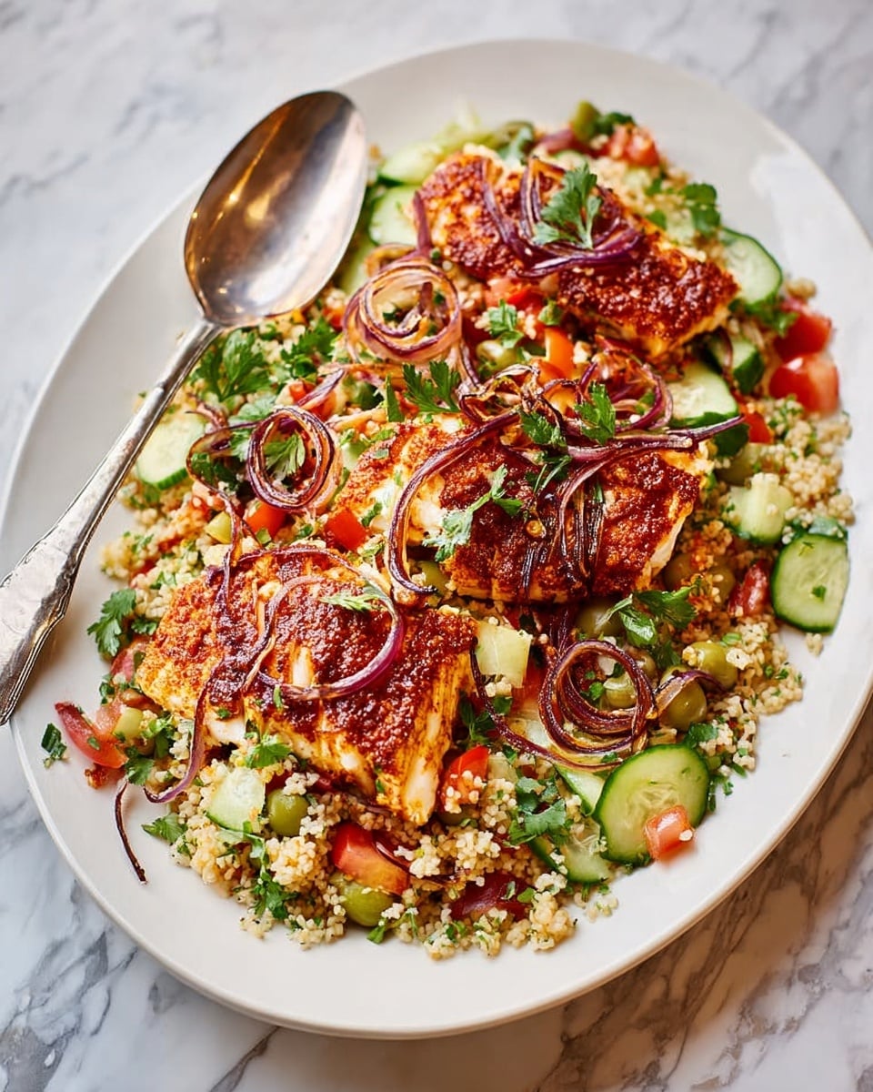 A white, round plate holds a fresh Mediterranean-style salad with two grilled white fish fillets on top, each covered with a reddish seasoning and golden-brown grilled onion slices. The salad beneath consists of a bed of light yellow bulgur wheat mixed with small chopped green cucumbers, bright red cherry tomato halves, sliced green olives, and fresh green parsley leaves scattered throughout. Two silver serving spoons rest on one side of the plate. The plate is placed on a white marbled surface with a white cloth partially visible to the right. photo taken with an iphone --ar 4:5 --v 7