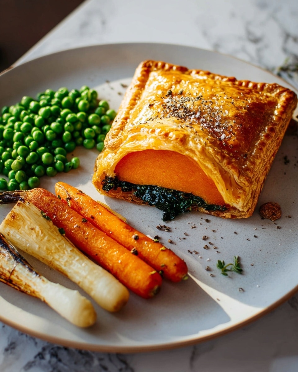 The image shows a white plate holding a square pastry cut in half to reveal three layers: a golden shiny flaky top crust, a thick bright orange pumpkin layer in the middle, and a dark green spinach-like filling at the bottom. Next to the pastry on the plate are bright green peas and three roasted root vegetables, including two orange carrots and one pale parsnip, all with a light char and seasoning. The plate sits on a white marbled surface with a blurred candle and another white plate with pastry in the background. Photo taken with an iphone --ar 4:5 --v 7