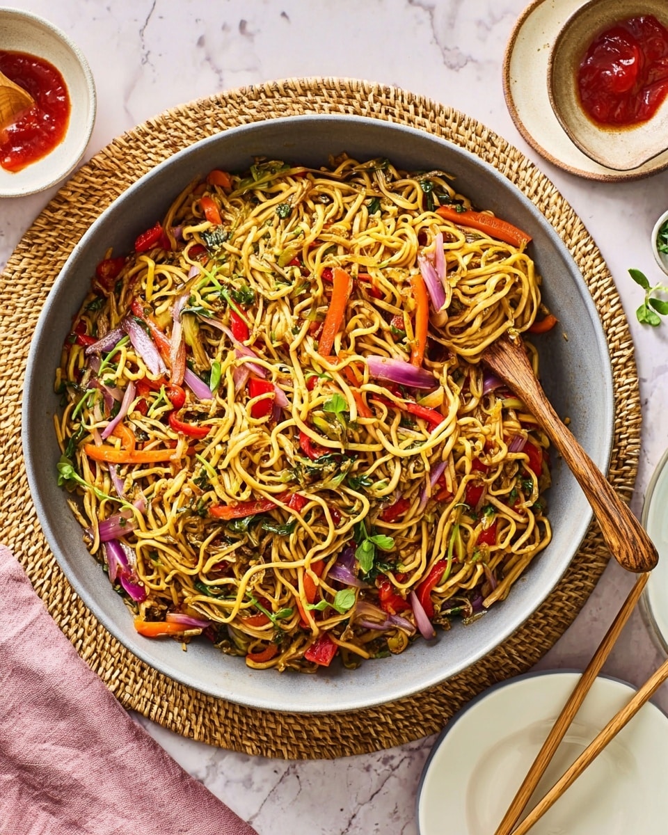 A round gray bowl filled with stir-fried noodles as the main layer, mixed with bright red bell pepper slices, thin strips of purple onion, and small green herb leaves scattered on top. The noodles are golden brown with a slightly glossy texture, while the vegetables add vibrant color and varied shapes. The bowl sits on top of a woven mat, placed on a white marbled surface. Nearby are small white dishes with red sauce and chopsticks resting on empty gray plates. photo taken with an iphone --ar 4:5 --v 7