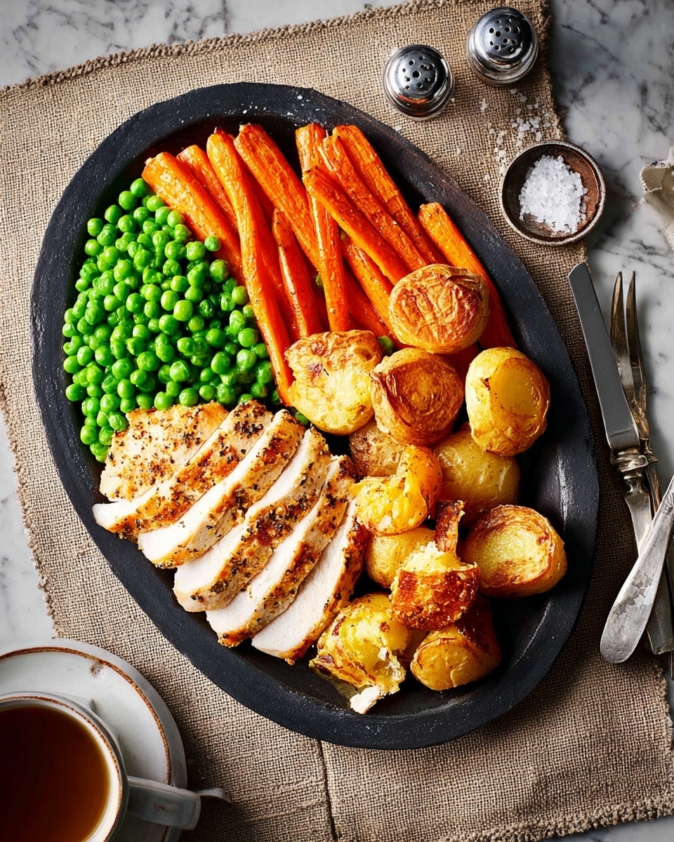 The dish is served on a large black oval plate resting on a white marbled textured surface. On the bottom left, there is a layer of bright green peas, small and round. To the left center, several pieces of golden roasted chicken breast are sliced and laid out closely, showing a slightly crispy skin with black pepper seasoning. At the top center, there are long, slightly charred roasted carrots with a vibrant orange color, arranged in a neat pile. To the right center, medium golden roasted potato chunks are stacked, having a crispy exterior and soft-looking inside. The setting includes a silver knife and fork on the right side and a white cup with dark liquid near the top right, alongside salt and pepper shakers towards the top left. Photo taken with an iphone --ar 4:5 --v 7