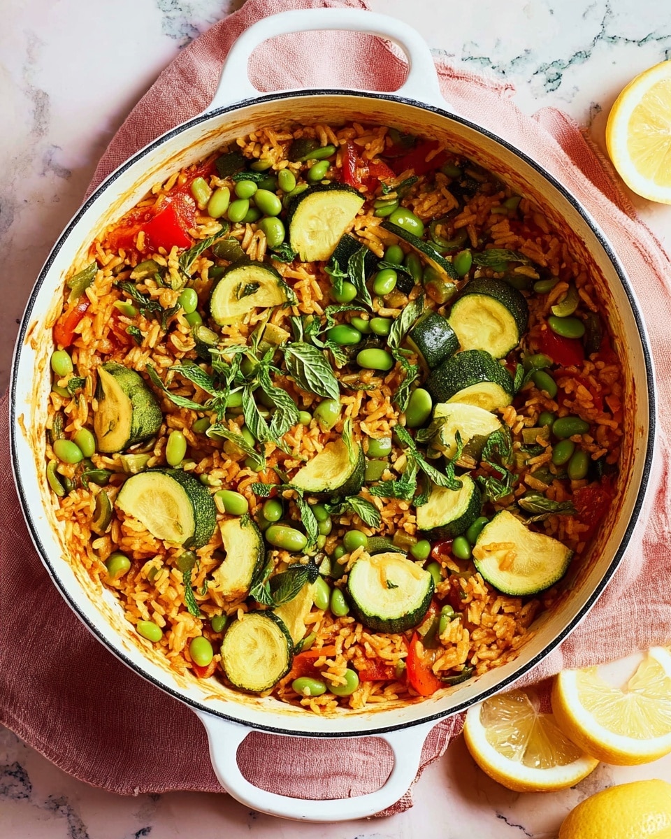 A round white pan filled with a colorful vegetable rice dish sits on a white marbled surface with a pink cloth to the right. The dish has a base layer of cooked yellow-orange rice mixed with small green beans and chopped red bell peppers. On top, there are thick slices of green zucchini and more green beans scattered evenly, mixed with chopped fresh green herbs. The edges of the pan show some sauce residue. A wedge of lemon is placed nearby on the marble surface. photo taken with an iphone --ar 4:5 --v 7