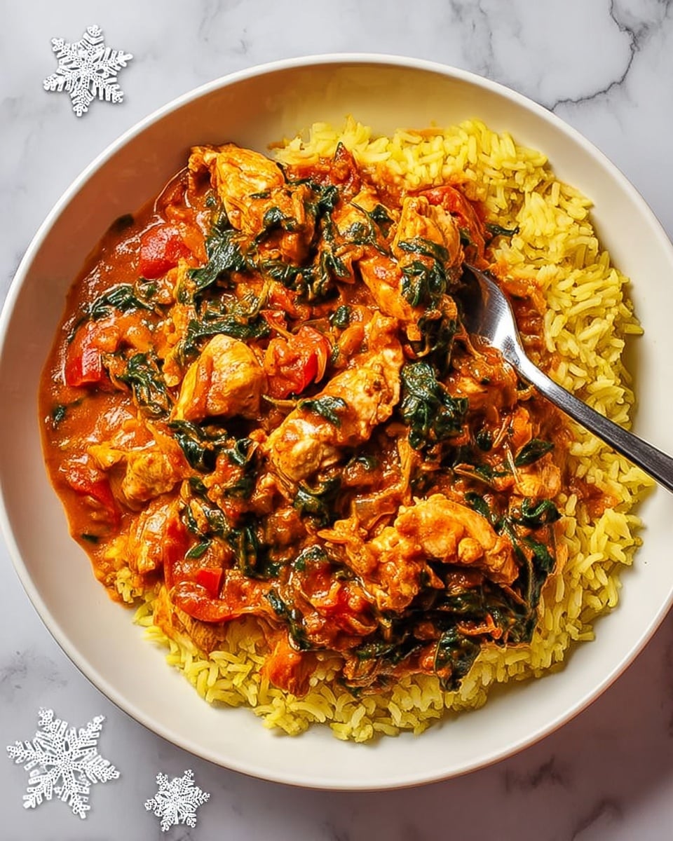 A white plate sits on a white marbled surface, filled with two main layers. The bottom layer is yellow rice that looks fluffy and slightly oily with small bits mixed in. The top layer is a rich, orange-red curry with pieces of chicken, wilted dark green spinach, and chunks of red tomato, all covered in a thick sauce with visible bits of herbs and spices. A fork rests on the plate partly stuck into the rice and curry, showing the texture of the grains and sauce. Near the bottom left edge of the plate, two white snowflake decorations are visible. photo taken with an iphone --ar 4:5 --v 7