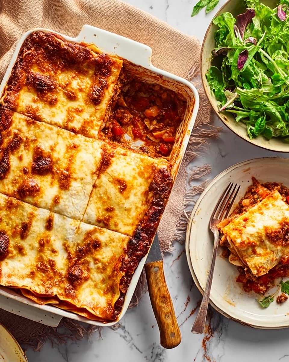 The image shows a baked lasagna in a white rectangular dish with a golden-brown melted cheese layer on top, slightly browned in some spots. One corner of the lasagna is cut, revealing at least three visible layers inside: the top browned cheese, a middle layer of red tomato sauce mixed with diced vegetables, and a bottom layer of pasta sheets. Next to the dish, there is a white plate with one slice of lasagna and a fork with a wooden handle. In the top right corner, there's a white bowl filled with fresh green salad leaves. The background is a white marbled surface with a beige cloth underneath the dish. Photo taken with an iphone --ar 4:5 --v 7