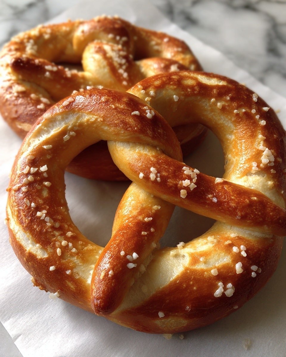 The image shows two soft, golden-brown pretzels resting on a piece of parchment paper. Each pretzel has a glossy, slightly textured surface with a sprinkling of coarse salt and sesame seeds on top, adding a crunchy look. The pretzels have a twisted, looped shape with a thicker, puffed texture in the middle and thinner ends. The background is a white marbled surface, giving a clean and bright feel. Photo taken with an iphone --ar 4:5 --v 7