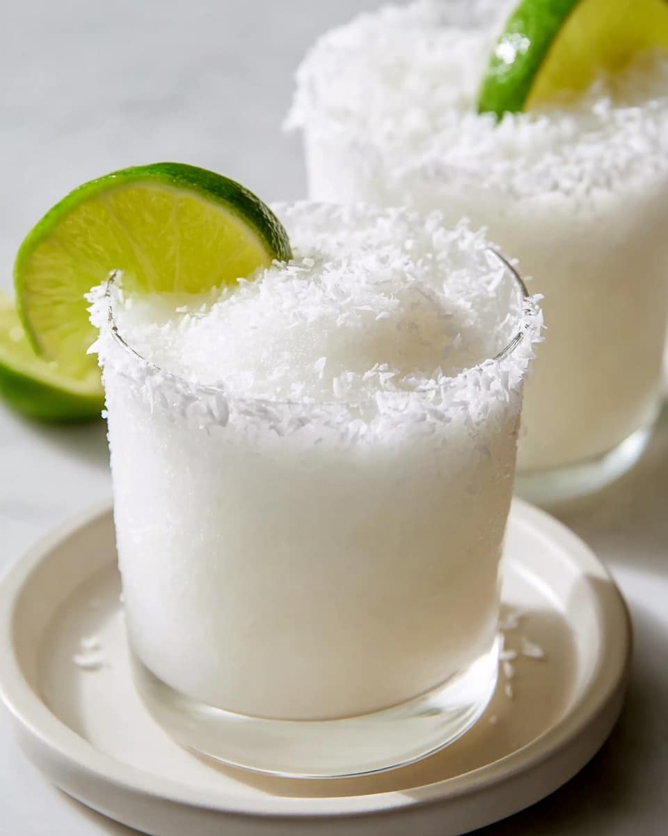 A clear glass holds a single layered white frozen drink with a frosty, granular texture inside, topped with finely shredded white coconut around the rim. A fresh, bright green lime wedge with visible juicy segments is placed on the edge of the glass. The glass rests on a white plate with a smooth surface, all set against a white marbled texture background. Another similar drink is partially visible in the distance. Photo taken with an iphone --ar 4:5 --v 7