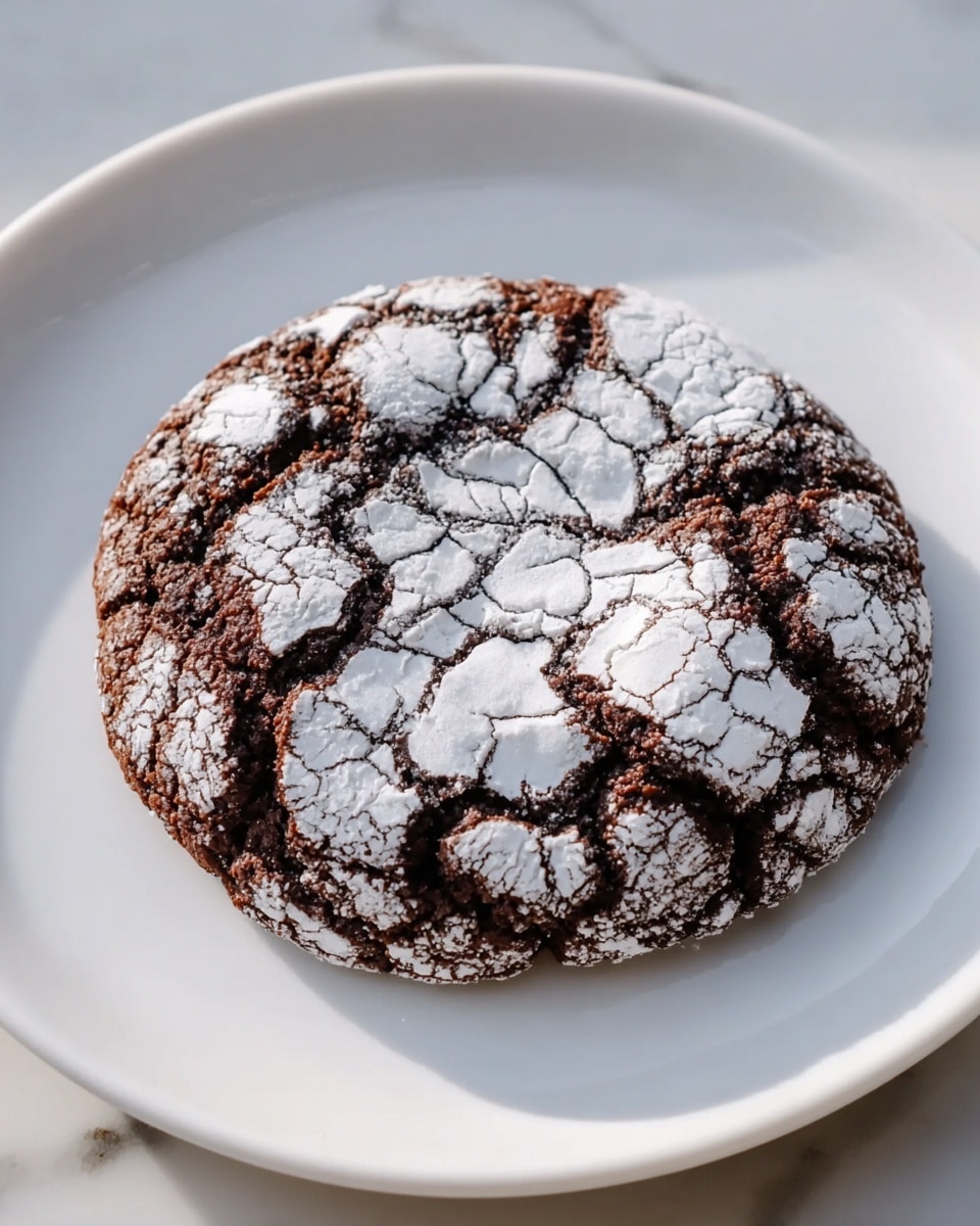 A close-up view of a single chocolate crinkle cookie placed at the center of a white plate on a white marbled surface. The cookie is round and thick, with a dark brown, almost black base covered in cracked patches of white powdered sugar that form an irregular, web-like pattern across the top. The surface of the cookie is rough and slightly raised in some areas, showing the rich, dense texture of the chocolate dough beneath the powdered sugar. photo taken with an iphone --ar 4:5 --v 7
