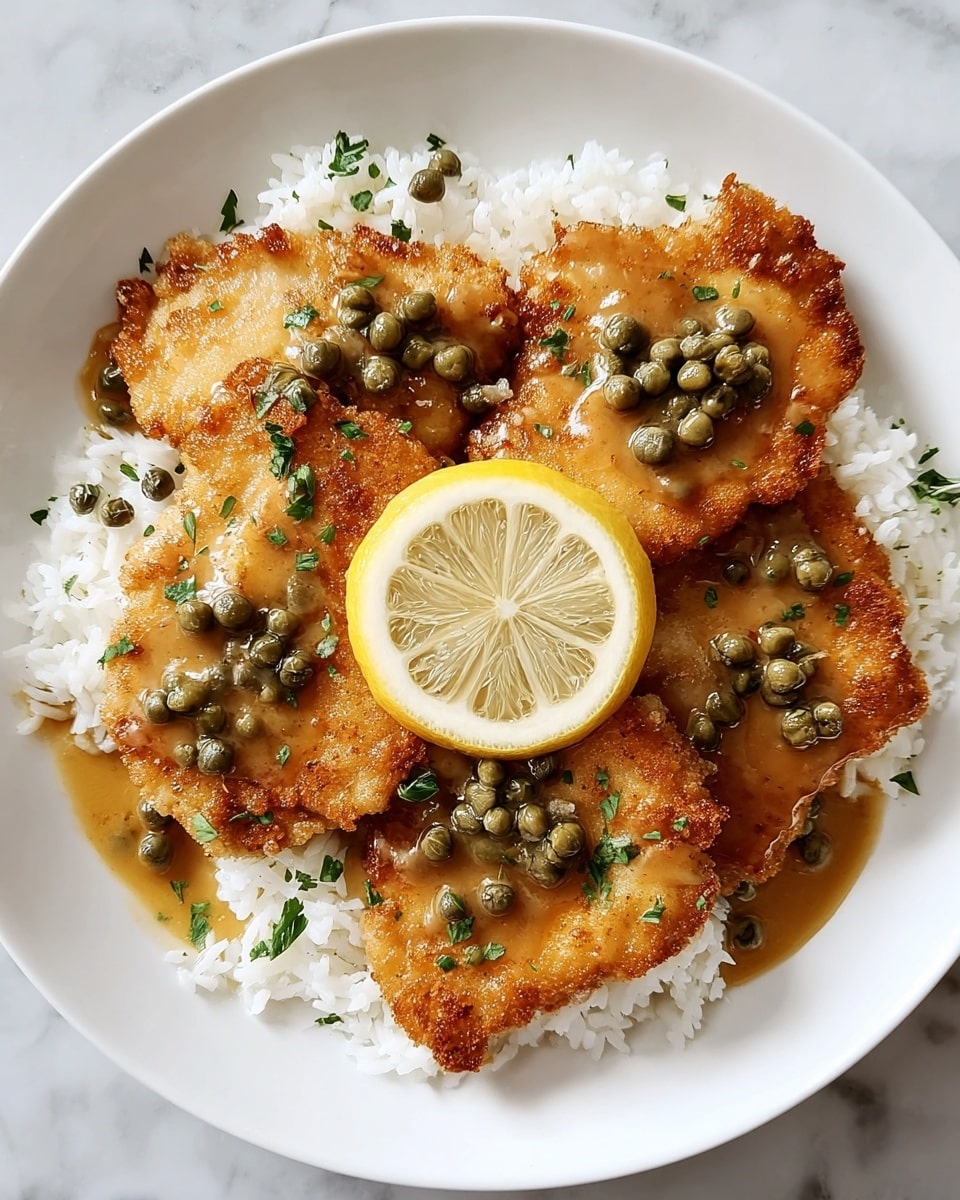 A white plate holds a bed of fluffy white rice that covers the bottom in an even layer. On top, five golden-brown fried chicken cutlets are placed in a circular pattern, each piece coated with a glossy light brown sauce. Dark green capers are scattered generously over the cutlets and sauce, adding small round bursts of color. Fresh chopped green herbs are sprinkled lightly across the dish for a fresh touch. In the center of the plate, a single bright yellow lemon slice rests on top of the chicken, adding a burst of brightness. The plate sits on a white marbled surface. Photo taken with an iphone --ar 4:5 --v 7