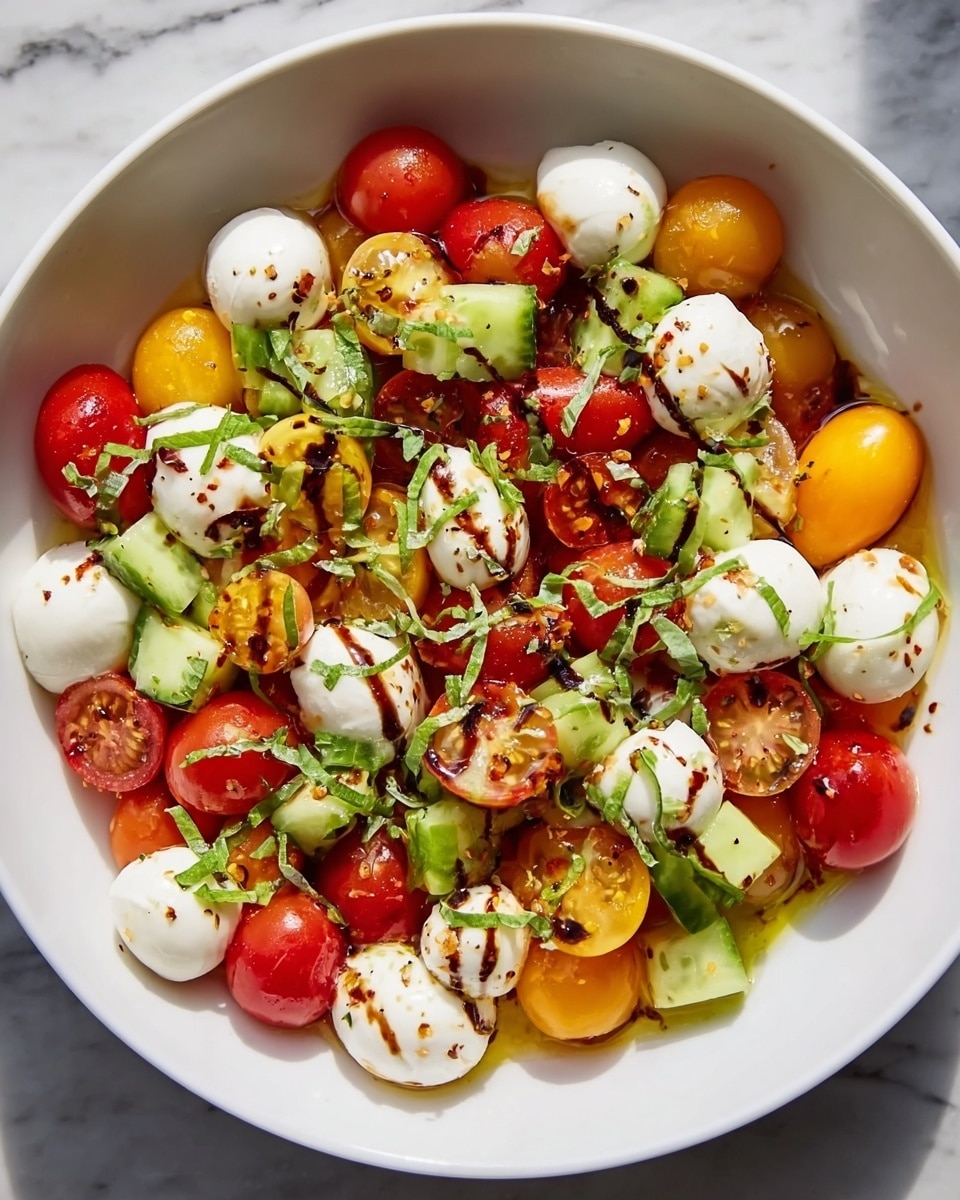 A white bowl filled with a fresh salad showing three main layers: at the bottom there are small diced pieces of light green cucumber scattered around, the middle layer is made up of whole and halved cherry tomatoes in red and yellow colors, while the top layer consists of several smooth white mozzarella balls drizzled with dark balsamic glaze and sprinkled with finely chopped green basil. The salad sits on a white marbled surface with soft natural light highlighting the fresh ingredients. photo taken with an iphone --ar 4:5 --v 7