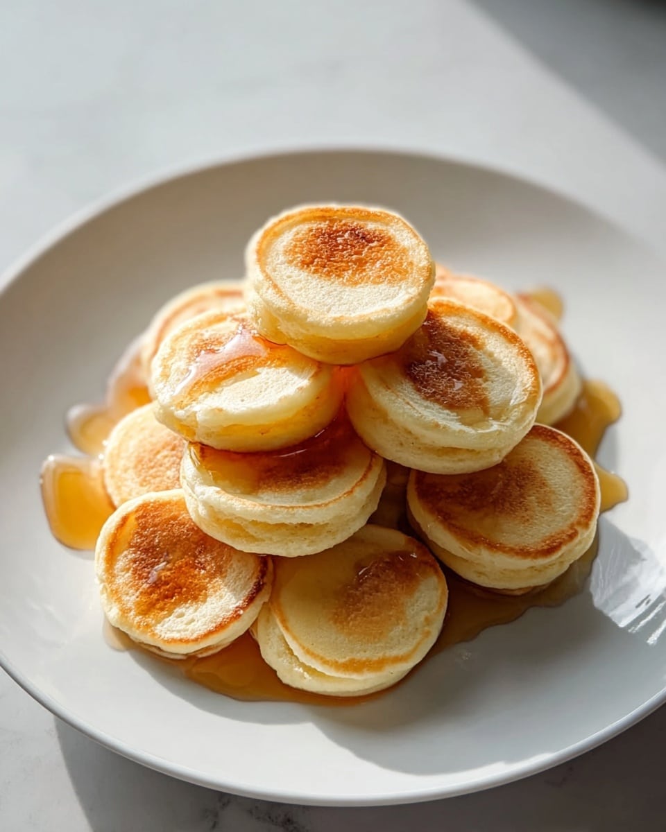 A white plate holds a stack of small, thick pancakes, about a dozen in total, arranged loosely in a pile. Each pancake is golden brown on one side with a soft, fluffy pale yellow texture on the other. Some of the pancakes have small droplets of light amber syrup glistening on top and pooling slightly on the white plate underneath. The light hits the pancakes softly, creating gentle shadows and a warm, appetizing look. The plate is set on a white marbled surface. photo taken with an iphone --ar 4:5 --v 7