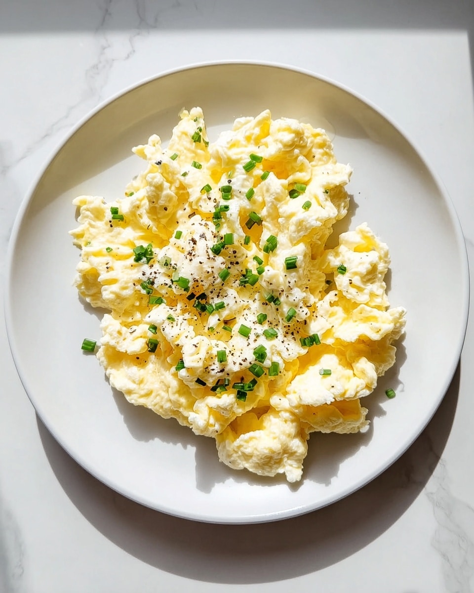 A white plate holds a serving of fluffy scrambled eggs with a soft, creamy texture in a pale yellow color. The eggs are loosely piled in one thick layer across the plate, with small curds visible. On top, bright green chopped chives are evenly sprinkled, adding a pop of color along with a light dusting of black pepper. The plate sits on a white marbled texture surface with soft shadows around it. photo taken with an iphone --ar 4:5 --v 7