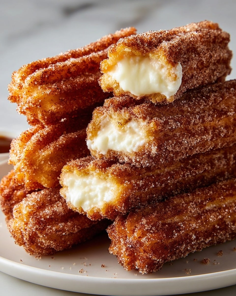A stack of five churros coated with sugar and cinnamon sits on a white plate on a white marbled surface, with two churros on top broken open, revealing a creamy, light yellow filling inside. The churros have a golden brown, crispy texture with ridged edges dusted with sugar crystals, creating a sparkly effect. The image shows the churros arranged closely, with the broken ones positioned on the top center to highlight the filling. Photo taken with an iphone --ar 4:5 --v 7