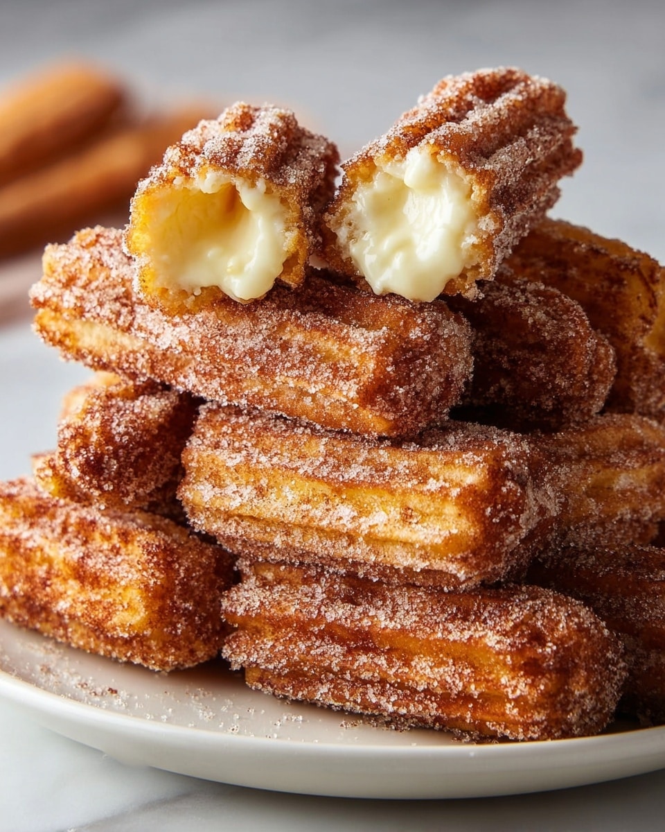 The image shows a stack of five churros on a white plate, with one churro cut in half resting on top to reveal a creamy white filling inside. Each churro has a ridged, golden-brown outer layer coated with granules of sugar and cinnamon, giving a textured and sugary look. The churros are crispy on the outside with a slightly glossy finish from the sugar, and the filling looks smooth and soft, contrasting with the crunchy exterior. The background is a white marbled texture. Photo taken with an iphone --ar 4:5 --v 7