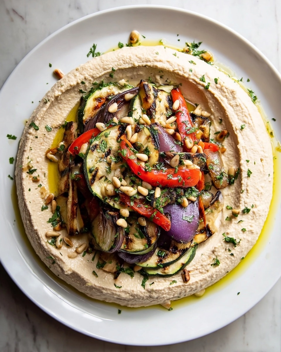 A white plate holds a dish with three main layers: the bottom layer is a smooth, creamy pale beige hummus spread evenly in a thick circle, showing slight browning and texture from roasting; the middle layer consists of grilled vegetables including sliced zucchini with dark grill marks, red bell pepper strips, and chunks of purple onion, all arranged in a loose pile in the center; the top layer is scattered light tan pine nuts and finely chopped green herbs for garnish; a glossy drizzle of golden olive oil pools around the edges of the hummus. The plate sits on a white marbled surface. photo taken with an iphone --ar 4:5 --v 7