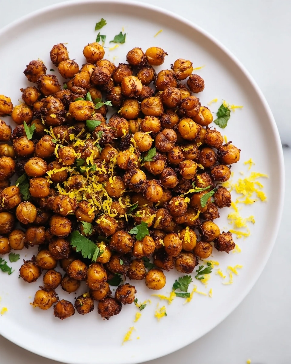 A white plate holds a single layer of golden brown roasted chickpeas with a crispy texture. The chickpeas have dark toasted spots scattered evenly on each piece, showing they are well cooked. Bright yellow lemon zest is sprinkled over the chickpeas, adding a pop of color, along with fresh green cilantro leaves scattered randomly across the dish. The plate sits on a white marbled surface, adding a clean and simple background. photo taken with an iphone --ar 4:5 --v 7