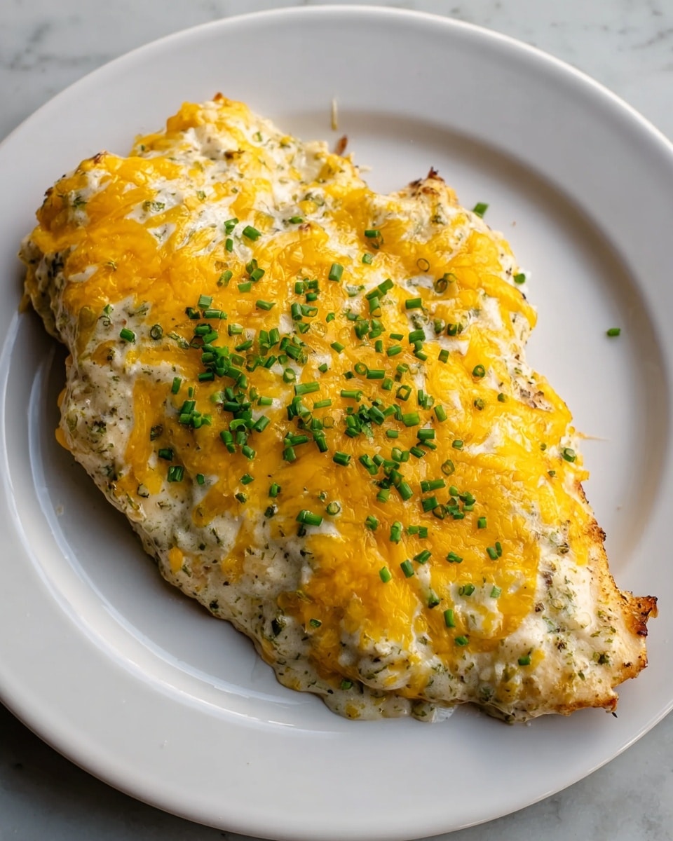 A white plate holds a single piece of cooked chicken breast covered with two layers of melted cheese; the bottom cheese layer is a textured white cheese with herbs, and the top cheese layer is a smooth, bright yellow cheddar that is melted and slightly shiny. On top of the cheeses, small green chopped chives are sprinkled evenly, adding a fresh contrast to the yellow and white colors. The chicken's edges are lightly browned, showing a slight crispiness. The background is a white marbled texture. photo taken with an iphone --ar 4:5 --v 7