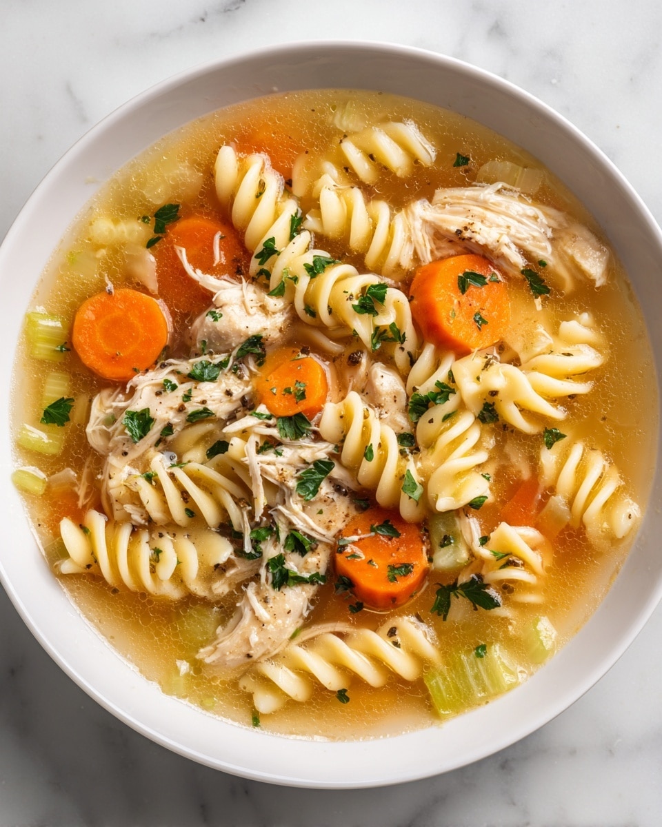 A white bowl filled with clear chicken broth soup that has one main layer of yellowish broth with spiral egg noodles submerged in it. On top, shredded white chicken pieces are placed in the center, surrounded by bright orange carrot slices and small pale green celery chunks. Sprinkled over everything are small green parsley leaves adding color contrast. The background is a white marbled texture. photo taken with an iphone --ar 4:5 --v 7