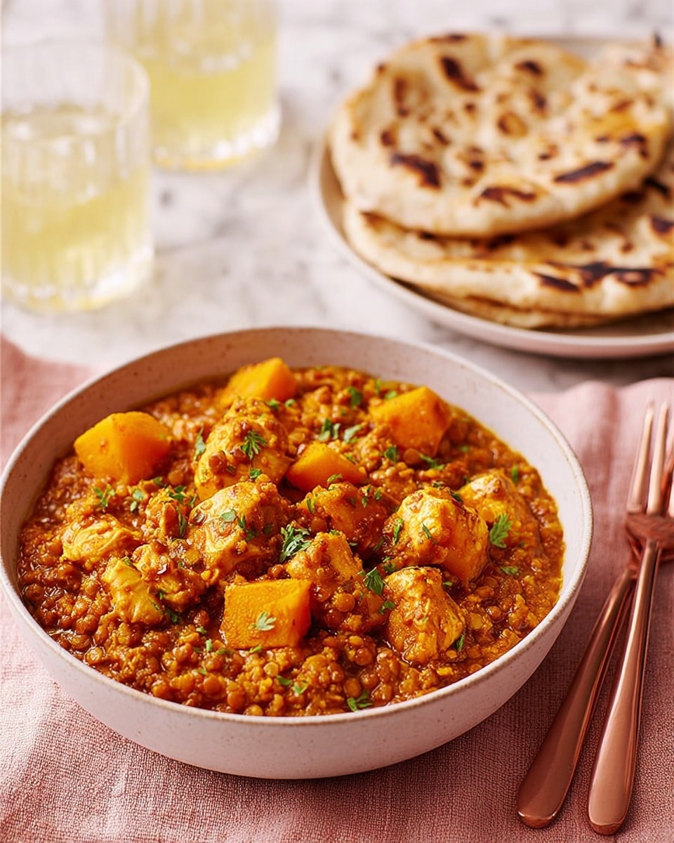 A white bowl filled with a thick stew made of orange chunks of pumpkin or squash and yellow pieces of chicken, mixed with red lentils in a rich orange sauce, garnished with small green herbs scattered on top. The bowl is stacked on another white bowl, both set on a soft pink fabric. To the right, there are two copper-colored forks lying beside the bowls. In the background, some flatbreads with dark toasted spots are stacked on a white plate, all placed on a white marbled surface. Two translucent glasses with a pale yellow drink are also visible behind the bowls. Photo taken with an iphone --ar 4:5 --v 7