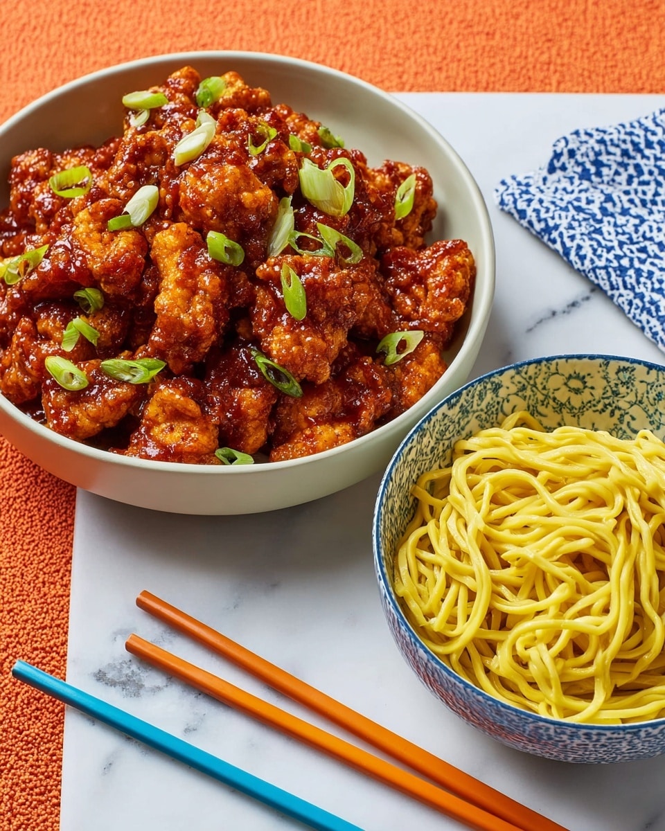 A white bowl filled with golden-brown crispy chicken pieces covered in a sticky reddish-brown sauce, topped with small slices of fresh green onions scattered evenly over the chicken. Next to the bowl, there is a white bowl filled with neatly piled yellow noodles that look soft and smooth. Three chopsticks—one orange and two blue—are placed on a white marbled surface with a blue and white patterned cloth beneath the bowls, and an orange textured surface seen in the background. photo taken with an iphone --ar 4:5 --v 7