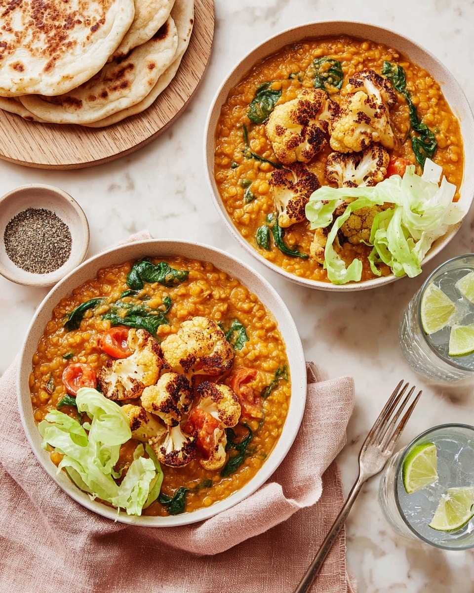 Two white bowls filled with a thick orange lentil stew, dotted with green spinach leaves and red tomato pieces, topped with several roasted golden-brown cauliflower florets and light green lettuce leaves arranged on one side of each bowl. The bowls are placed on a white marbled surface, accompanied by two clear glasses of ice water with lime wedges. A stack of soft, golden flatbreads rests on a wooden board in the upper part of the image, with a small white bowl of black pepper on the left side. A fork rests near the top right bowl, while a pale pink cloth lies under the bowls. photo taken with an iphone --ar 4:5 --v 7