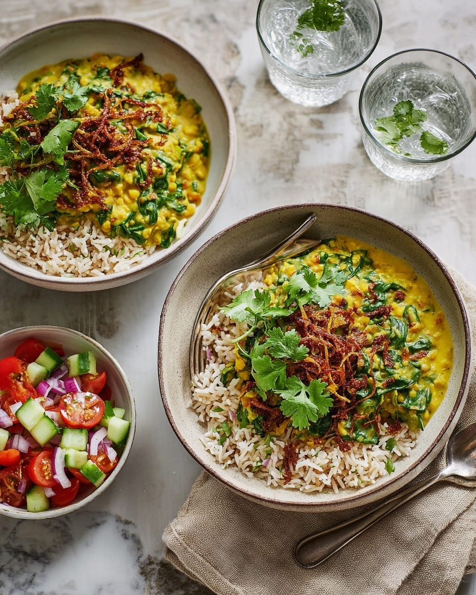 The image shows two bowls filled with a layered dish on a white marbled surface. Each bowl contains a base layer of white and light brown mixed rice, topped with a thick yellow curry that includes visible green spinach leaves. On top of the curry, there are browned fried garlic pieces and fresh cilantro leaves scattered as garnish. Next to one of the bowls is a small white bowl filled with diced red tomatoes, green cucumbers, and chopped purple onions. Two glasses of clear sparkling water with ice are also visible near the bowls. A beige cloth napkin is partly under the bowl in the foreground. photo taken with an iphone --ar 4:5 --v 7