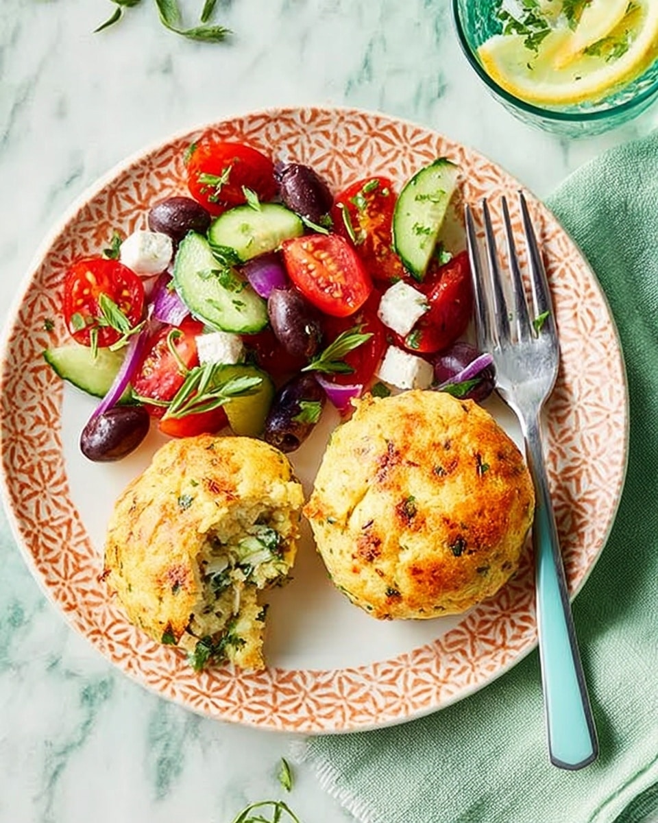 The image shows a white plate with an orange textured pattern, holding two round, golden-brown baked patties with a slightly crusty surface. One patty is whole, while the other is broken open to reveal a soft, flaky white filling inside. Next to the patties is a colorful salad made of small red and yellow cherry tomato halves, chopped green cucumber pieces, sliced black olives, and fresh chopped green herbs scattered over it. The plate sits on a white marbled textured surface, with a light green cloth napkin nearby and a fork with a turquoise handle resting on the right side. A woman's hand is not visible in this image. Photo taken with an iphone --ar 4:5 --v 7