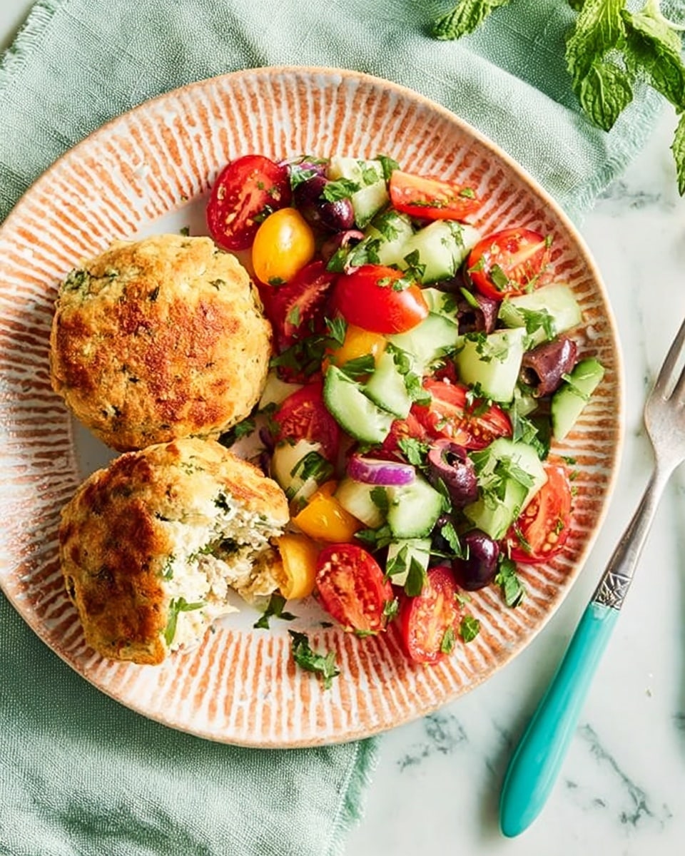 The image shows a white plate with a light orange patterned rim holding two round, lightly browned, fluffy egg or vegetable muffins, one of which has a missing bite revealing a soft inside with green bits. Next to the muffins is a colorful fresh salad made of sliced red and yellow cherry tomatoes, chopped green cucumber, dark purple olives, and small pieces of white cheese, garnished with fresh green herbs. The plate is set on a white marbled surface with a light green cloth and a fork with a light blue handle to the right, accompanied by a glass of water with lemon visible in the top corner. photo taken with an iphone --ar 4:5 --v 7
