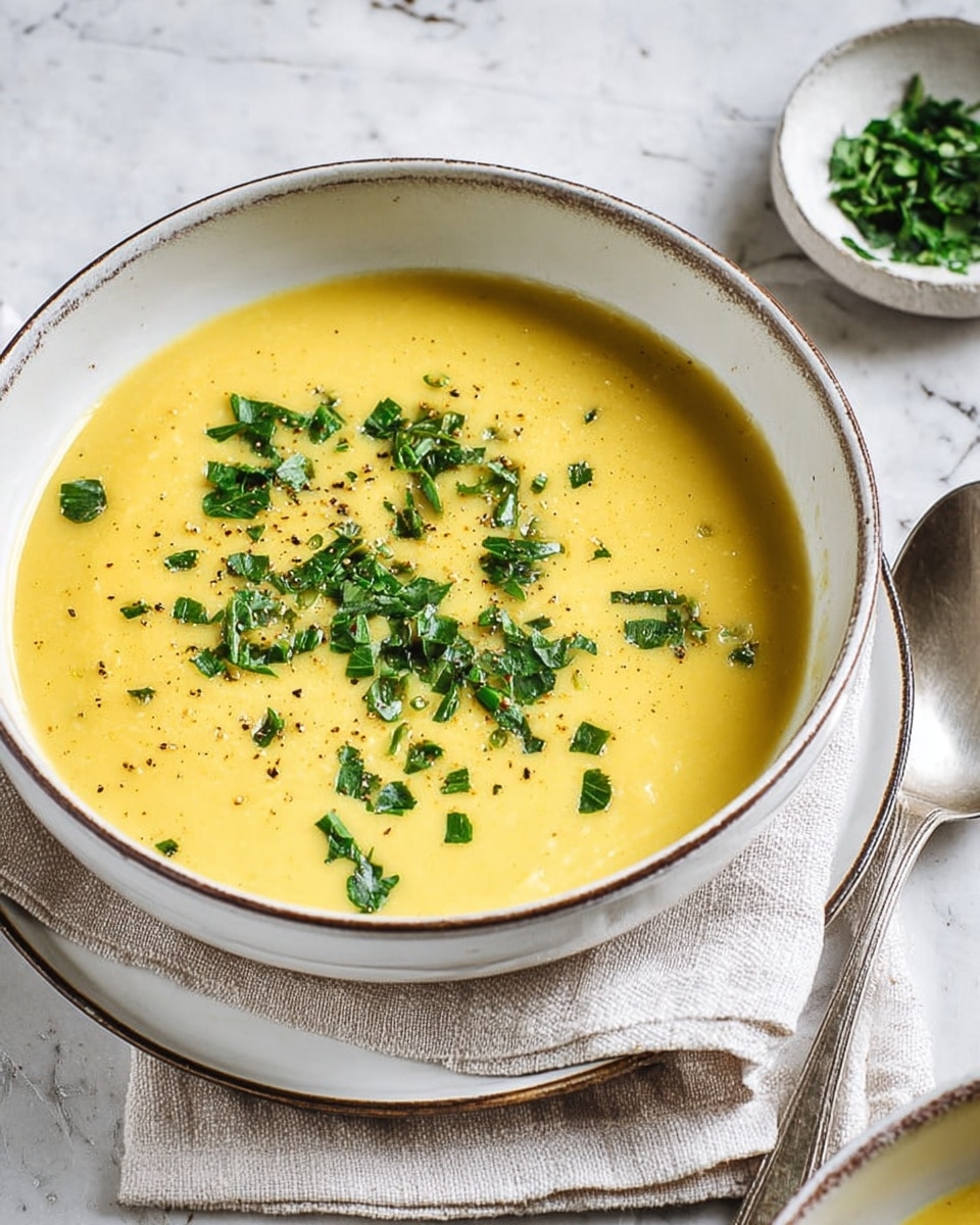 A close-up of two stacked white bowls on a folded beige fabric, filled with a smooth, creamy yellow soup topped with small pieces of green herbs and a sprinkle of black pepper; the bowls sit on a white marbled surface with a small white bowl of extra chopped herbs and a metal spoon nearby. photo taken with an iphone --ar 4:5 --v 7
