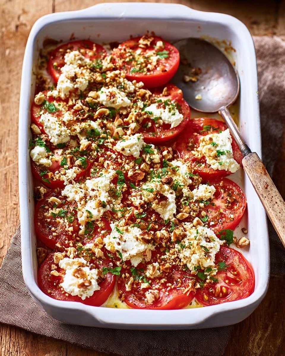 A white rectangular baking dish filled with a layer of sliced red tomatoes arranged closely together, each topped with white crumbled cheese, small chopped green herbs, and crushed nuts with a light sprinkle of sesame seeds. A silver spoon rests inside the dish on the right side, slightly stained with bits of cheese and tomato juices. The dish is placed on a wooden surface with a brown cloth napkin partially beneath it. photo taken with an iphone --ar 4:5 --v 7
