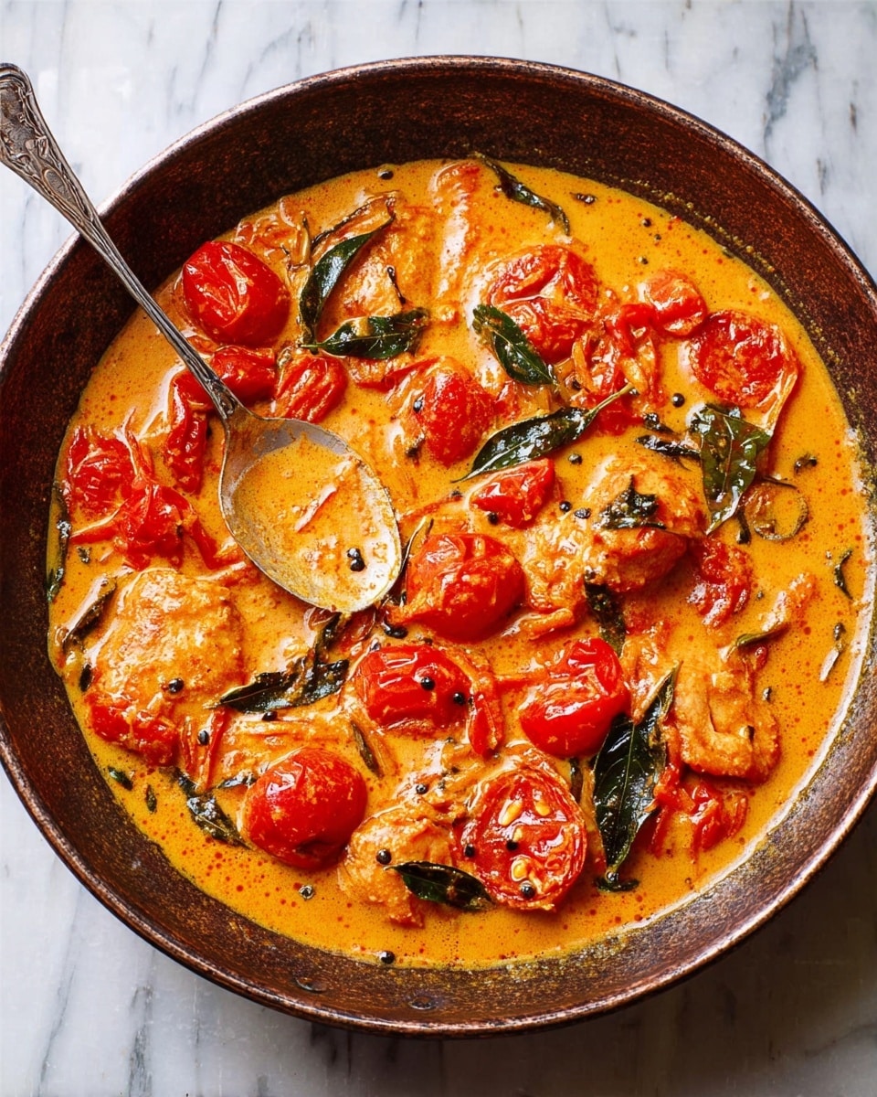 A dark metal pan filled with a creamy orange curry containing bright red tomato pieces both whole and sliced, chunks of cooked meat with an orange tint, and scattered green curry leaves. The thick sauce has a smooth texture with visible spices and oil. A silver spoon rests inside the pan on the left side. The pan is placed on a white marbled surface. photo taken with an iphone --ar 4:5 --v 7