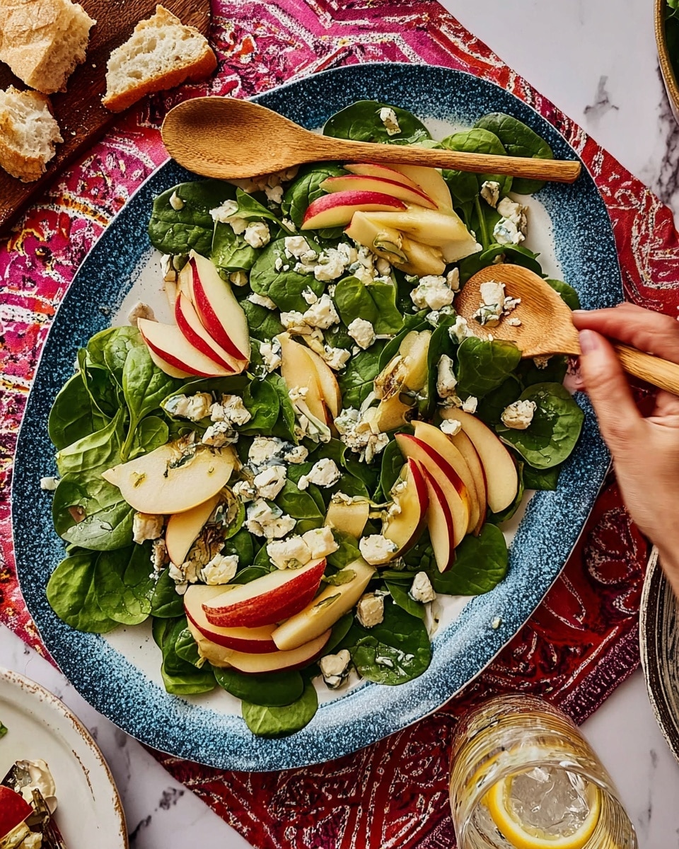 A large oval white plate with a dark blue and black gradient edge holds a salad made of several layers: bright green spinach leaves with red stems form the base, topped with thin slices of red and yellow apples, and small chunks of white cheese scattered evenly across the salad. Two wooden salad spoons with a natural grain pattern rest on the salad near the center of the plate. A woman's hand reaches in from the left holding a piece of bread. The scene is set on a white marbled texture covered with a red and white geometric patterned cloth. A clear glass of water with a lemon slice sits on the right bottom corner. Photo taken with an iphone --ar 4:5 --v 7