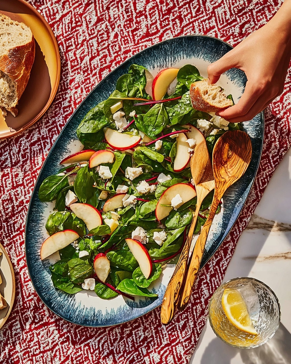 On a large white oval plate with a speckled dark blue rim, there is a fresh salad made of green spinach leaves spread out on the bottom layer. On top of the spinach, there are several thin slices of red and yellow apple scattered evenly. Crumbled white cheese is placed in small clusters all over the salad, adding a textured, creamy layer. Two wooden salad spoons rest on the salad at the top right edge of the plate, and a woman's hand is reaching from the left side holding a piece of bread. The plate is placed on a red and white patterned cloth over a white marbled surface. A glass of water with a lemon slice sits at the bottom right corner. Photo taken with an iphone --ar 4:5 --v 7