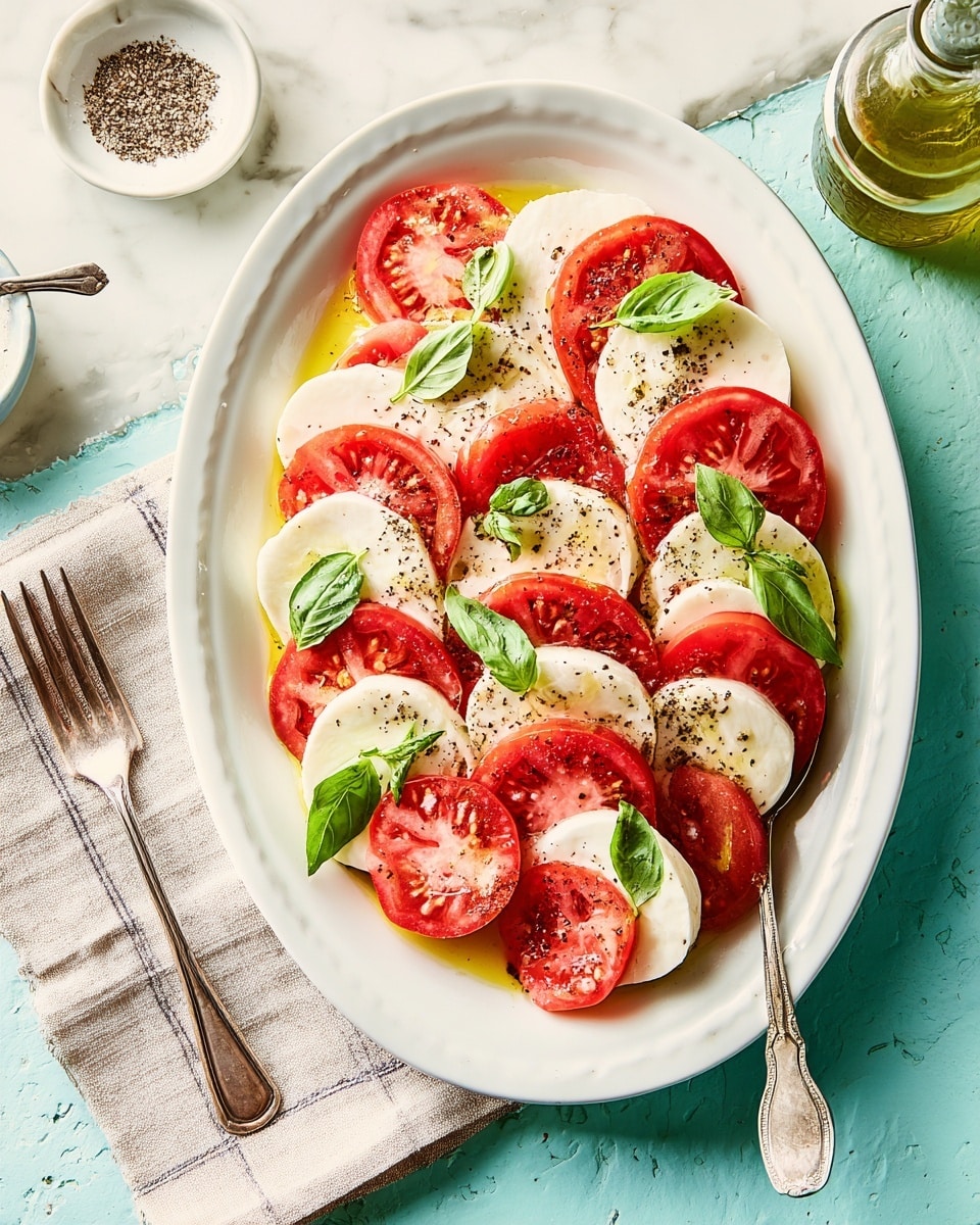 A white oval plate holds an arranged Caprese salad with alternating slices of bright red tomatoes and creamy white mozzarella cheese, layered flat and slightly overlapping across the plate. Fresh green basil leaves are scattered on top, adding a pop of green, while a drizzle of golden olive oil glistens over the ingredients. The salad is lightly sprinkled with black pepper. The plate sits on a white marbled surface with a beige cloth napkin on the left, and a vintage fork and spoon resting on the right side. Small bottles of olive oil and seasoning are visible in the background. Photo taken with an iphone --ar 4:5 --v 7