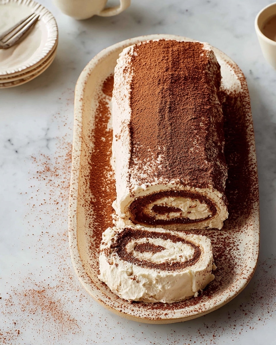 The image shows a rectangular chocolate roll cake on a white oval plate, dusted heavily with cocoa powder on top and around the cake. The cake has a visible swirl pattern inside, showing creamy light brown and darker chocolate layers rolled together in multiple thin layers. Next to the main cake, a slice is cut to reveal the creamy filling and darker chocolate swirl inside. The plate is placed on a white marbled surface with a pale green cloth partially visible. Photo taken with an iphone --ar 4:5 --v 7