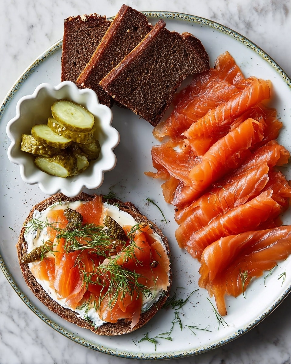 A white plate is filled with thin, slightly shiny orange slices of smoked salmon layered in two groups at the top right side, showing a smooth texture with beveled edges. At the bottom of the plate, there is a piece of dark rye bread spread with a thick layer of white cream cheese, topped with two layers of salmon slices folded loosely, and garnished with small green dill sprigs and light yellow-green pickle slices. To the left side of the plate, two more slices of dark rye bread are stacked. Near the bread, a small white scalloped bowl holds several round light green pickle slices sprinkled with dill. The whole scene is set on a white marbled surface with a slight hint of a woman's hand in the top right corner, holding a star-shaped decoration. photo taken with an iphone --ar 4:5 --v 7