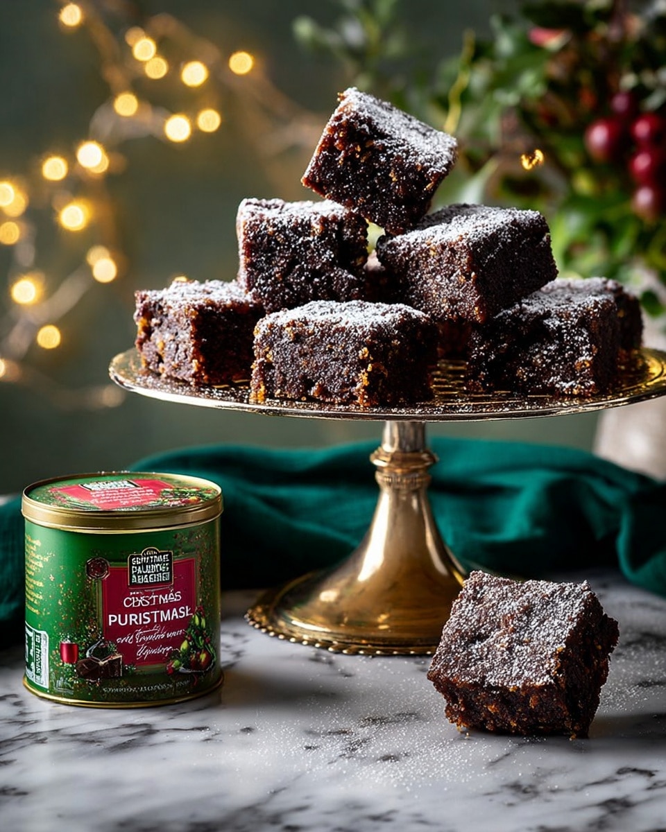 A two-tiered gold dessert stand holds multiple pieces of dark brown Christmas pudding squares dusted lightly with powdered sugar. The top tier has five squares arranged loosely, with one piece leaning at an angle, while the bottom tier holds six squares placed close together. To the left of the stand, a green Christmas pudding container with a red label is placed on a dark green cloth. The background is softly blurred with warm, round lights and some greenery, creating a festive feeling. The overall setting is on a white marbled texture. photo taken with an iphone --ar 4:5 --v 7