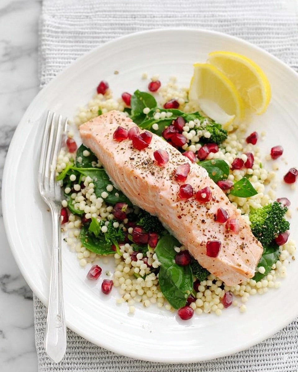 A white plate on a white marbled surface holds a dish with four main layers: the base layer is fluffy couscous in off-white color mixed with small green broccoli pieces and leafy green herbs; scattered across this are bright red pomegranate seeds adding a pop of color; on top lies a light pink cooked salmon fillet with a few cracked black pepper grains and a drizzle of oil, positioned at the center of the plate; a lemon wedge with yellow skin sits near the top edge of the plate. A fork rests on the left side of the plate. photo taken with an iphone --ar 4:5 --v 7