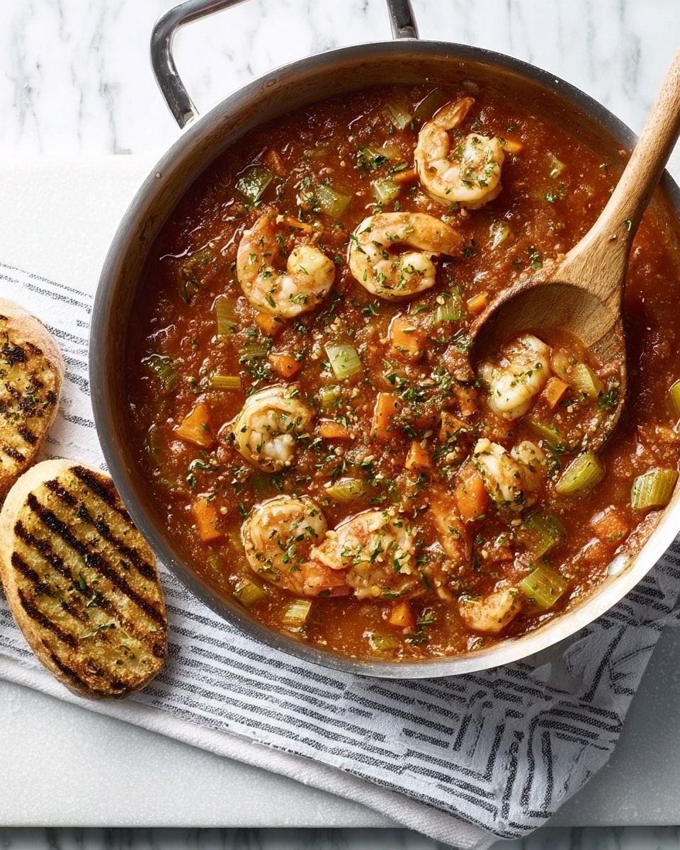 A metal pan filled with a rich, chunky stew made of shrimp and vegetables. The stew has a thick reddish-brown sauce with pieces of celery, carrots, and onions visible, all topped with chopped green herbs and grated cheese. The pan rests on a white and gray striped cloth over a white marbled surface. To the upper left, three slices of grilled white bread with visible char marks are placed directly on the surface. Photo taken with an iphone --ar 4:5 --v 7