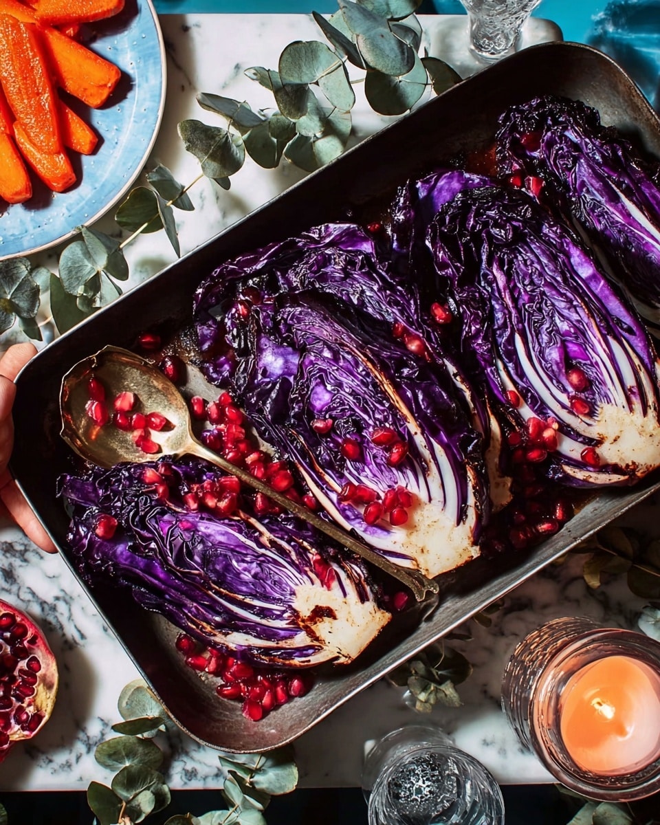 The image shows a dark tray filled with four large wedges of roasted purple cabbage arranged in a loose circle, with deep purple outer leaves and lighter white veins visible inside each wedge. Bright red pomegranate seeds are scattered on and around the cabbage, adding pops of color. A golden spoon rests to the left on the tray, also holding some pomegranate seeds. Above the tray, a white marbled surface displays a white candle in a textured holder, a blue candle in a glass, and some green eucalyptus leaves wrapped with twine. Part of a white plate with orange roasted vegetables is visible at the top left corner. The scene is well-lit, emphasizing the rich colors and textures. photo taken with an iphone --ar 4:5 --v 7