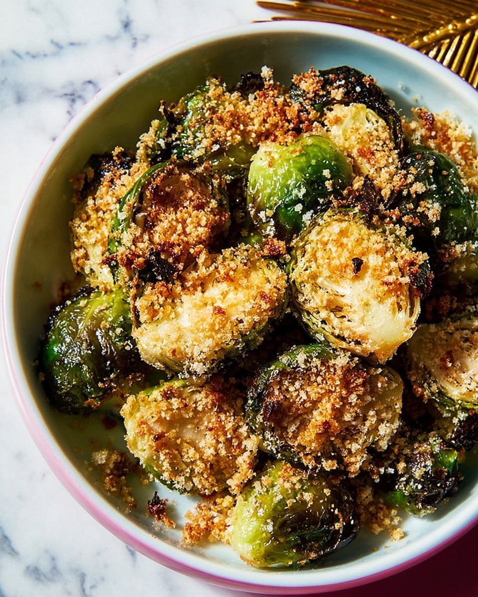 A white bowl is filled with roasted Brussels sprouts cut in halves, showing a bright green and slightly charred texture. The sprouts are topped with a crunchy golden-brown breadcrumb layer sprinkled all over. The bowl sits on a white marbled surface, and a golden fork rests nearby. The lighting emphasizes the crispy texture of the topping and the juicy inside of the sprouts photo taken with an iphone --ar 4:5 --v 7