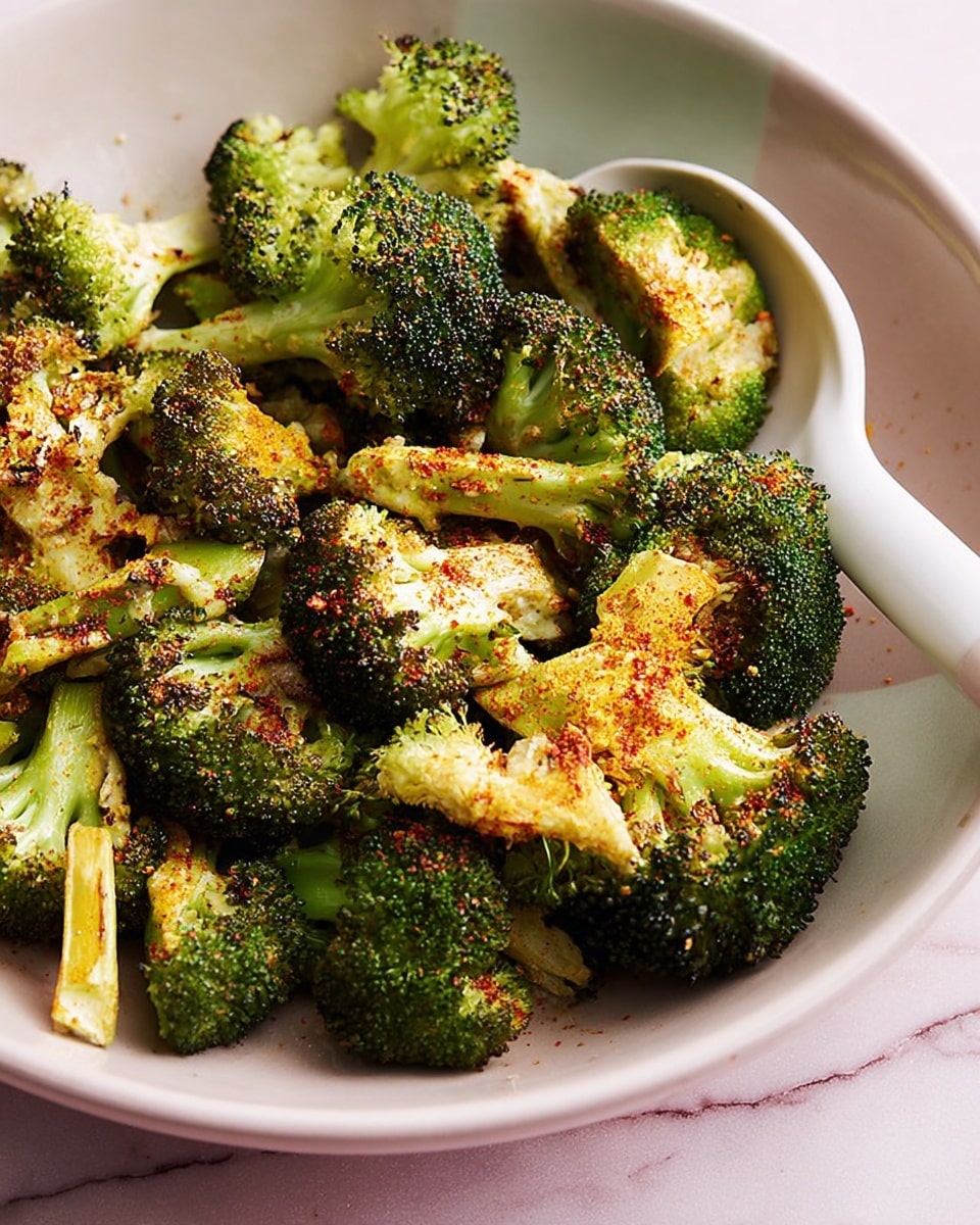 The image shows a close-up of a white bowl filled with roasted broccoli pieces. The broccoli is cut into medium-sized florets with visible green tops and lightly browned yellowish stems, sprinkled with a reddish seasoning. Inside the bowl is a white spoon resting among the broccoli, with some florets gathered closely around it. The bowl is placed on a white marbled surface, creating a clean and simple background. photo taken with an iphone --ar 4:5 --v 7