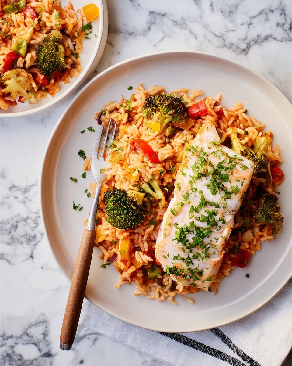The dish shows a white plate filled with a colorful mix of food. The base layer consists of orange-tinted rice mixed with small pieces of yellow, red, and green roasted vegetables like broccoli and bell peppers. On top of the rice, near the right side, lies a thick piece of pale pink cooked fish sprinkled with finely chopped green herbs. A silver fork with a wooden handle is placed diagonally on the plate, resting on the rice and partially touching the fish. The plate is set on a white marbled surface with a part of a white napkin with black edges visible near the bottom right corner. photo taken with an iphone --ar 4:5 --v 7