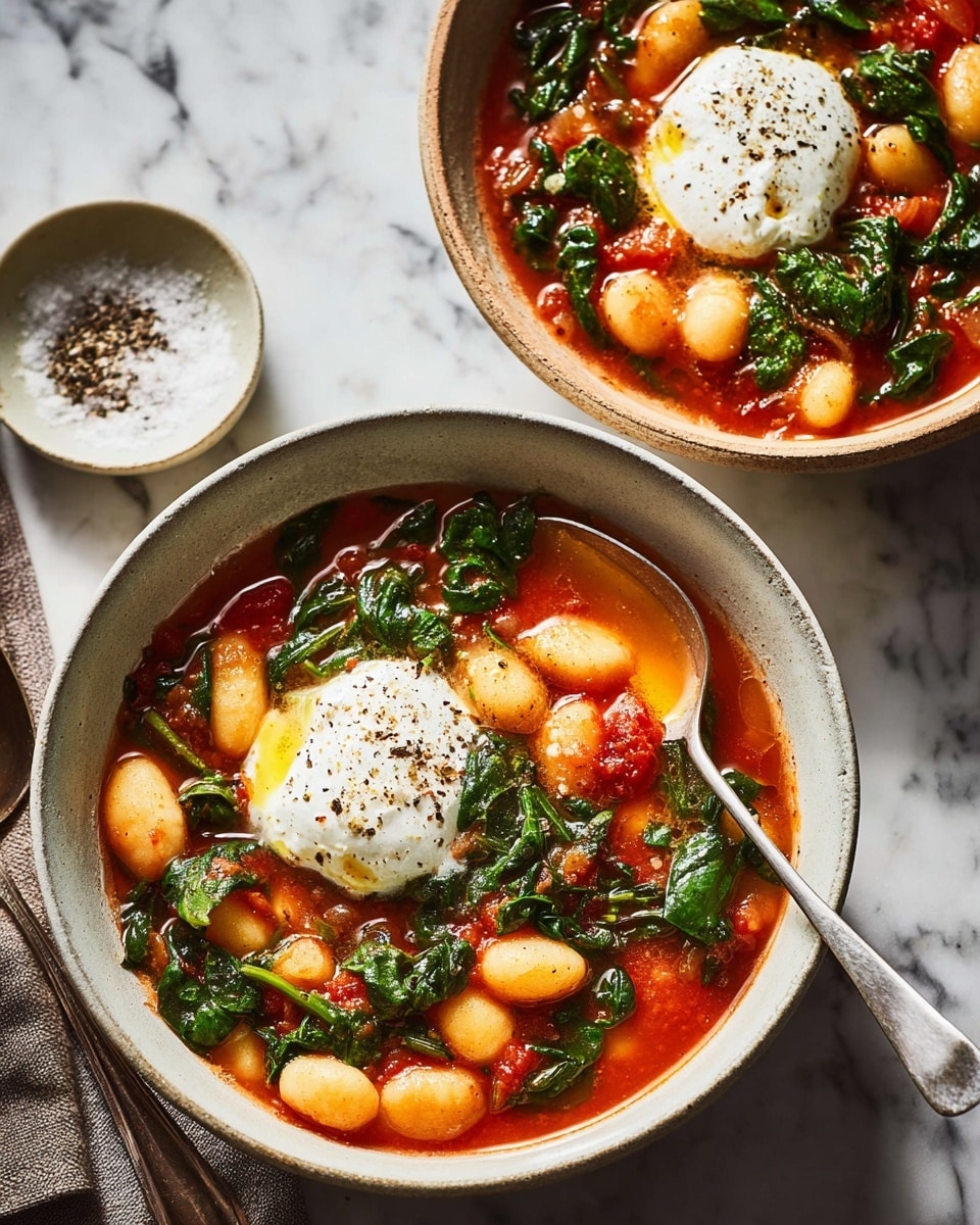 Two bowls of thick soup are shown on a white marbled surface, both bowls are light beige ceramic but changed to appear as white. The soup has three clear layers: at the bottom is a thick tomato broth that is deep red, on top are large white beans mixed with cooked dark green spinach leaves, and the top layer is a dollop of soft white cream surrounded by fresh chopped dark green herbs. One bowl has a spoon resting inside, and there is a small white dish beside the bowls holding coarse salt and cracked black pepper. photo taken with an iphone --ar 4:5 --v 7