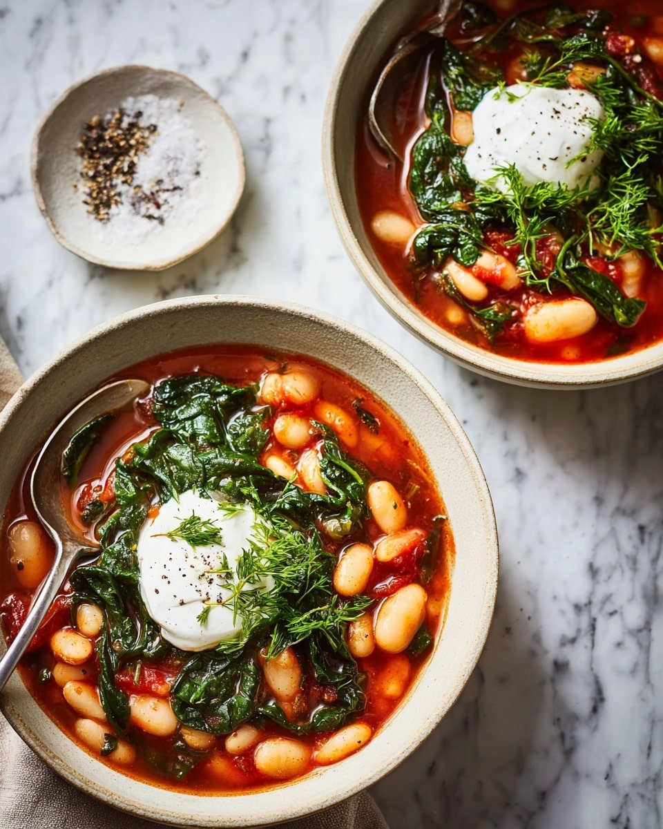 Two bowls of stew sit on a white marbled surface. Each bowl has a thick red tomato base with pale yellow gnocchi pieces spread evenly throughout. Bright green spinach leaves are mixed into the stew, adding a fresh contrast. The top center of each bowl holds a white dollop of soft cheese, drizzled with a bit of olive oil and sprinkled with black pepper. A spoon rests on the rim of the top bowl, and a small white dish with salt and pepper sits beside the bowls. photo taken with an iphone --ar 4:5 --v 7